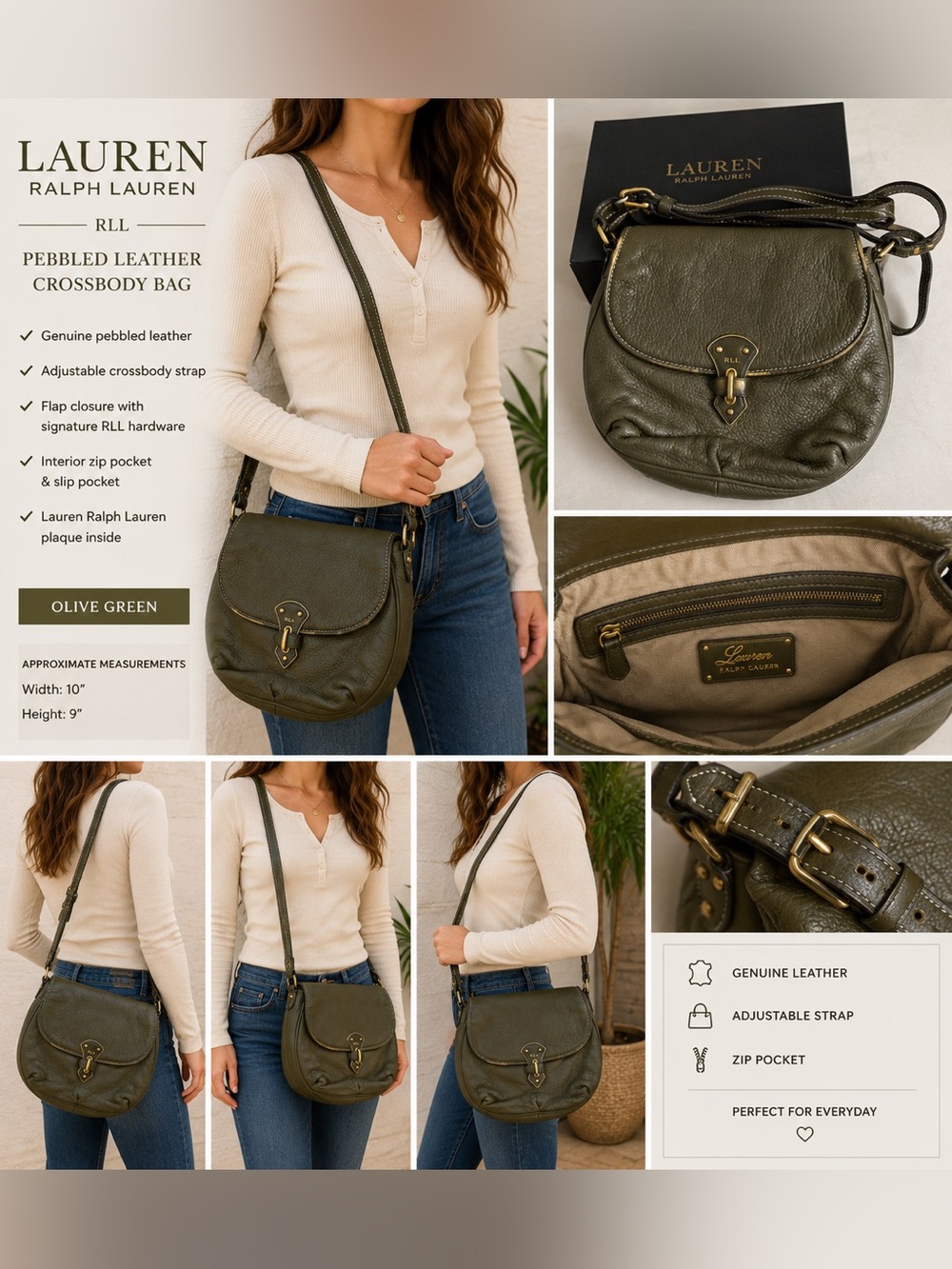 Lauren Ralph Lauren Pebbled Leather Crossbody Saddle Bag Olive Green Adjustable